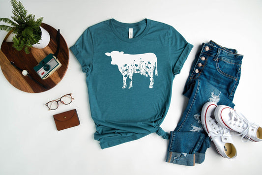 T-SHIRT - Floral Cow Unisex Shirt, Cute Cow Shirt